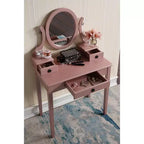 Roundhill Furniture Moniya Wood Makeup Vanity Table and Stool Set, Rose Gold