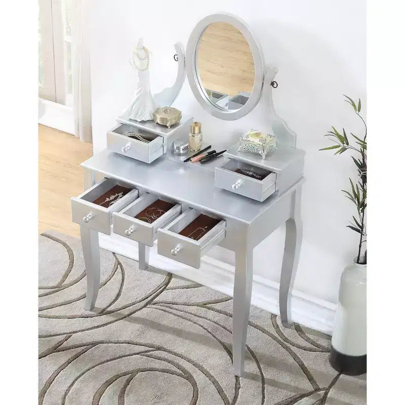 Set tavolo e sgabello da trucco in legno argento Ashley di Roundhill Furniture