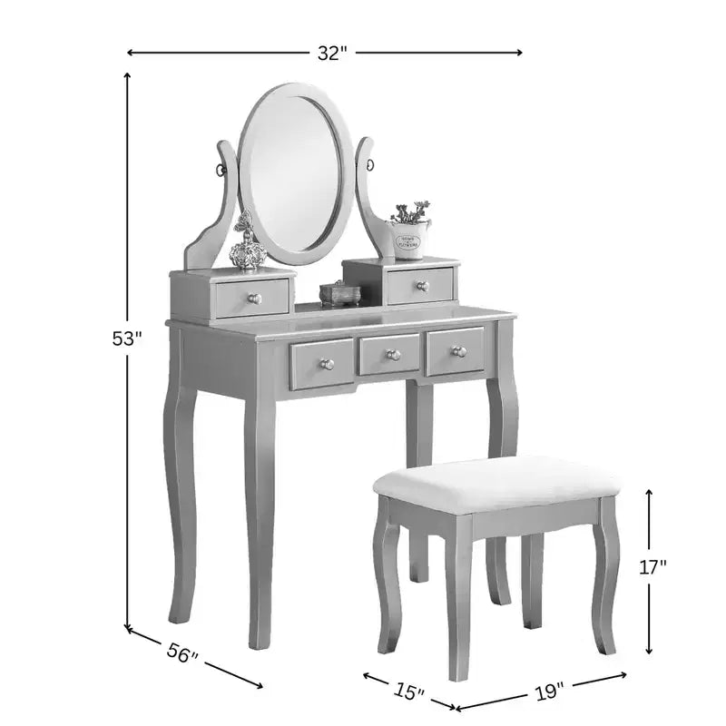 Set tavolo e sgabello da trucco in legno argento Ashley di Roundhill Furniture