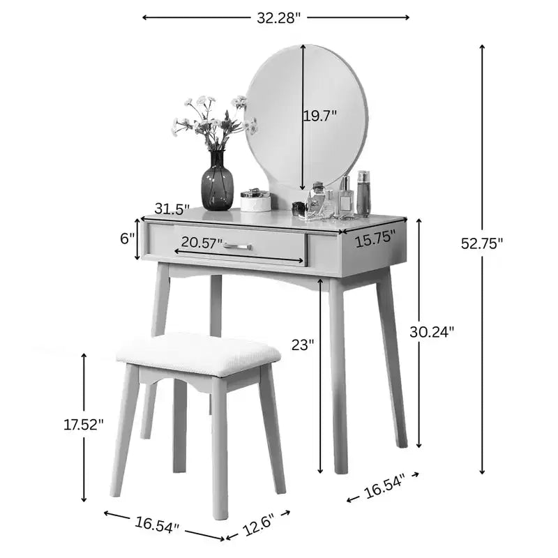 Maly Contemporary Wood Vanity and Stool Set, White