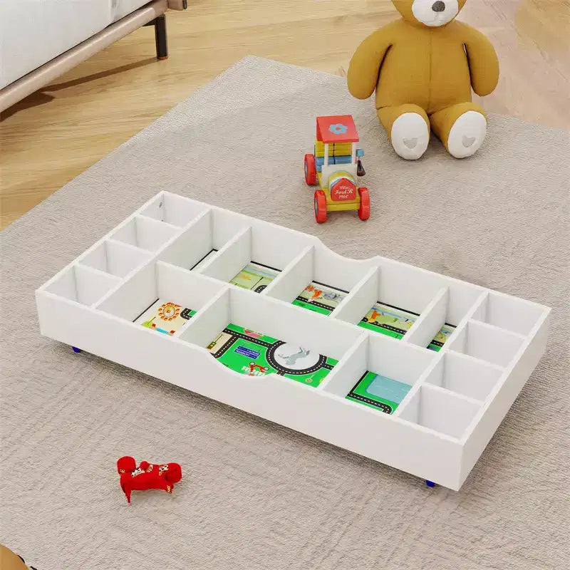 The 2 in 1 Rollaway Play Table and Toy Organizer Compatible with Lego Suitable for Storing Under Bed or Sofa-White (38 x 18.7 x 5.9)