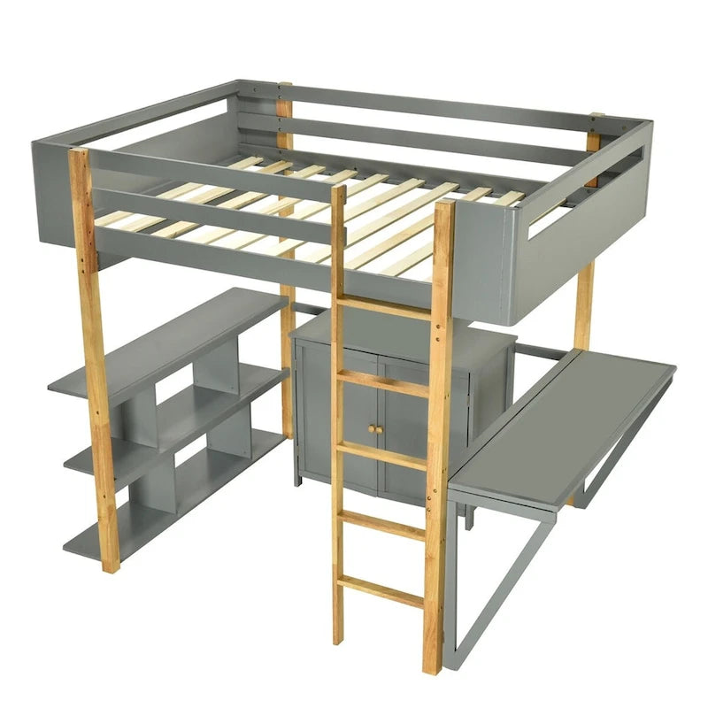Merax Wood Loft Bed With Built-in Storage Cabinet and Shelves, Foldable desk