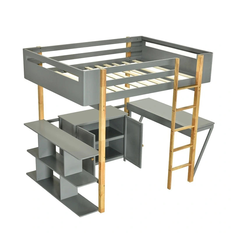 Merax Wood Loft Bed With Built-in Storage Cabinet and Shelves, Foldable desk