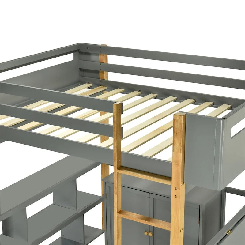 Merax Wood Loft Bed With Built-in Storage Cabinet and Shelves, Foldable desk