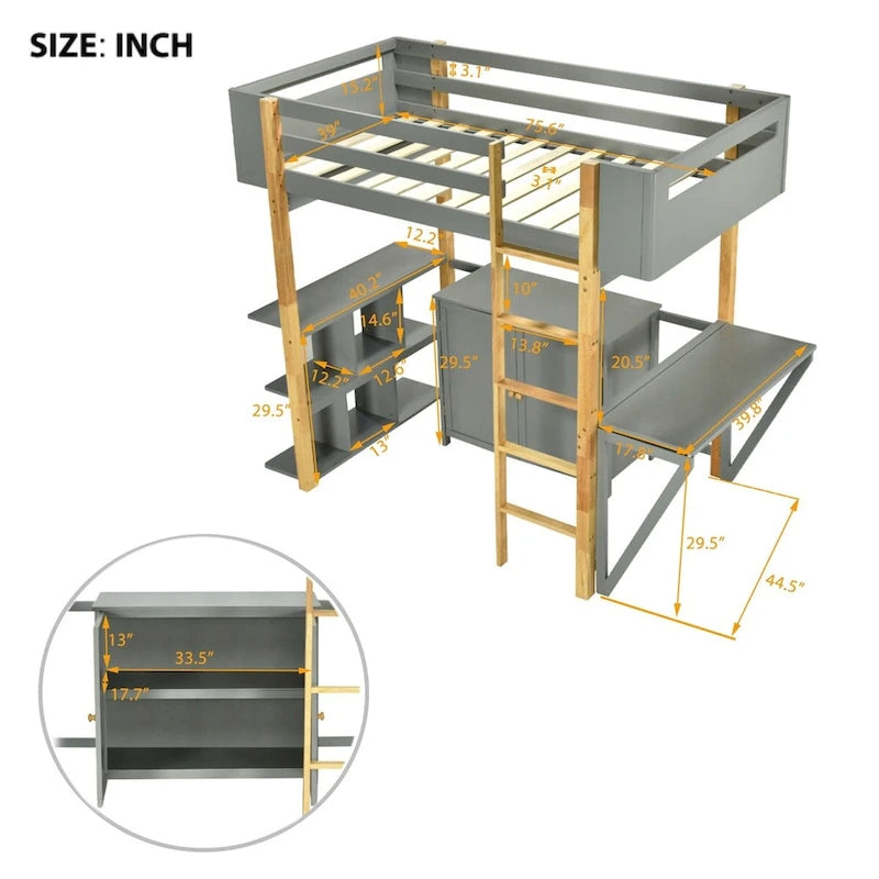 Merax Wood Loft Bed With Built-in Storage Cabinet and Shelves, Foldable desk