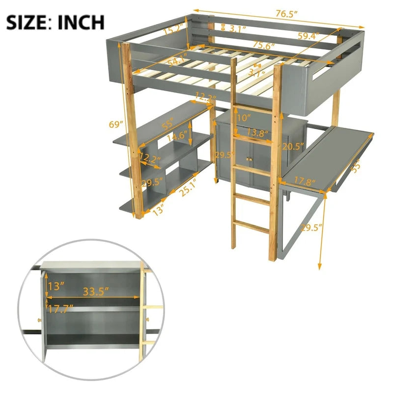 Merax Wood Loft Bed With Built-in Storage Cabinet and Shelves, Foldable desk