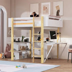 Merax Wood Loft Bed With Built-in Storage Cabinet and Shelves, Foldable desk