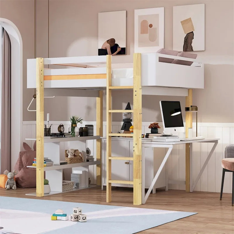 Merax Wood Loft Bed With Built-in Storage Cabinet and Shelves, Foldable desk