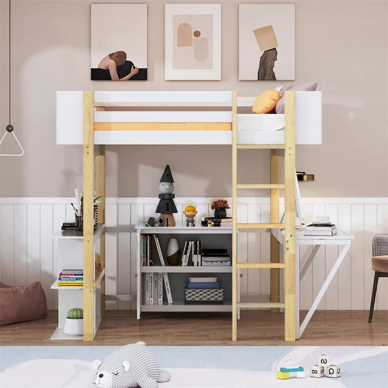 Merax Wood Loft Bed With Built-in Storage Cabinet and Shelves, Foldable desk