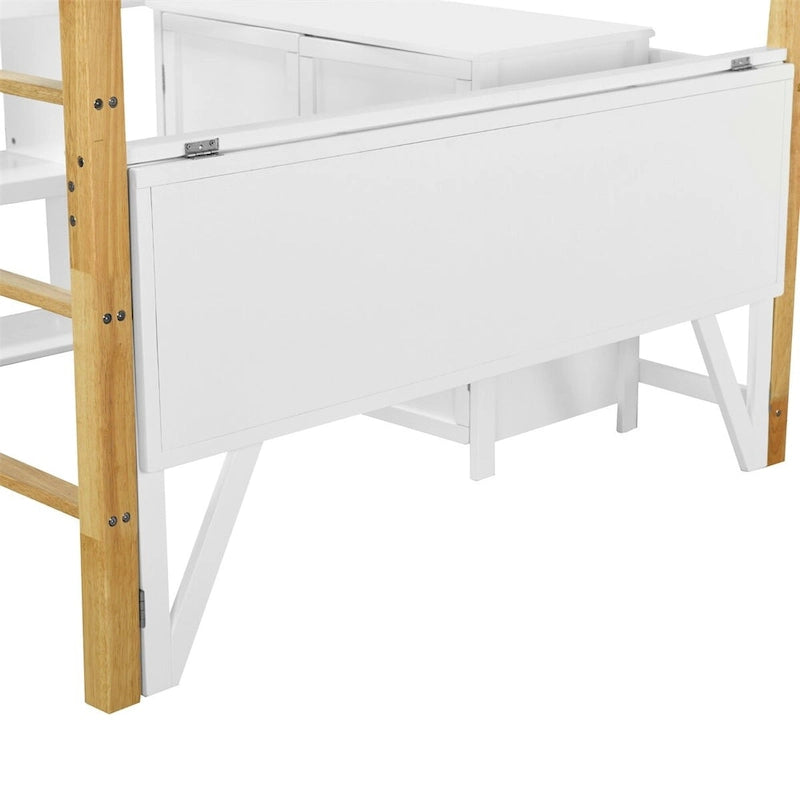 Merax Wood Loft Bed With Built-in Storage Cabinet and Shelves, Foldable desk