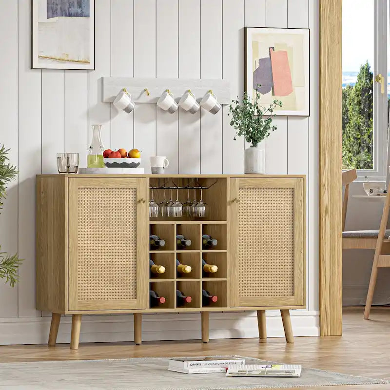 Farmhouse 2-Door Kitchen Buffet in Wood & Rattan, Sideboard with Built-in Wine Rack & Glass Holder