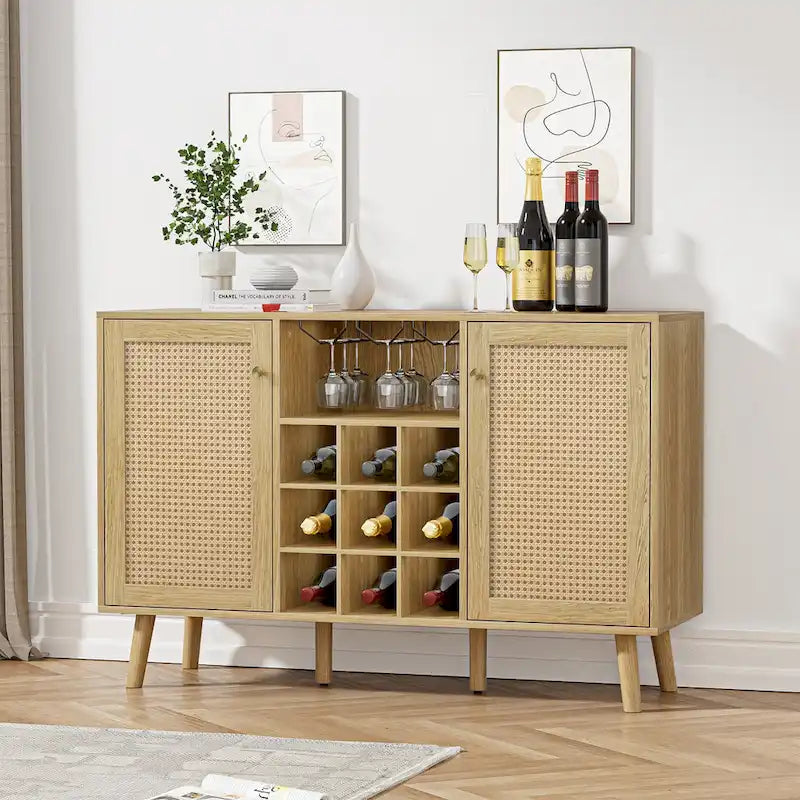 Farmhouse 2-Door Kitchen Buffet in Wood & Rattan, Sideboard with Built-in Wine Rack & Glass Holder
