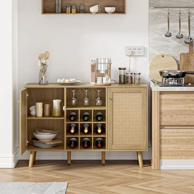 Farmhouse 2-Door Kitchen Buffet in Wood & Rattan, Sideboard with Built-in Wine Rack & Glass Holder