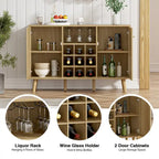 Farmhouse 2-Door Kitchen Buffet in Wood & Rattan, Sideboard with Built-in Wine Rack & Glass Holder