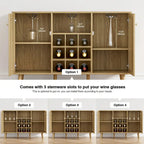 Farmhouse 2-Door Kitchen Buffet in Wood & Rattan, Sideboard with Built-in Wine Rack & Glass Holder