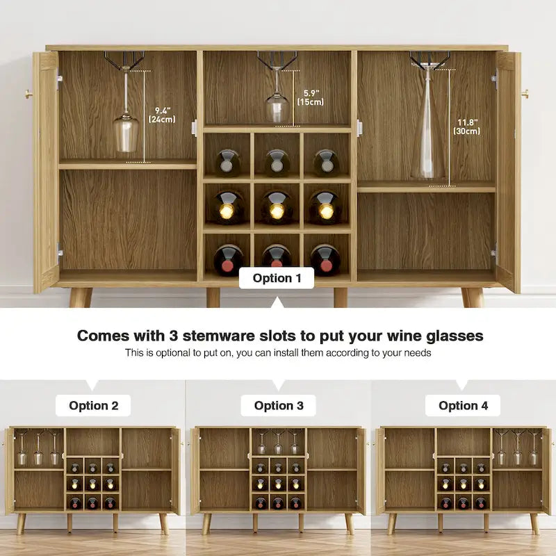 Farmhouse 2-Door Kitchen Buffet in Wood & Rattan, Sideboard with Built-in Wine Rack & Glass Holder