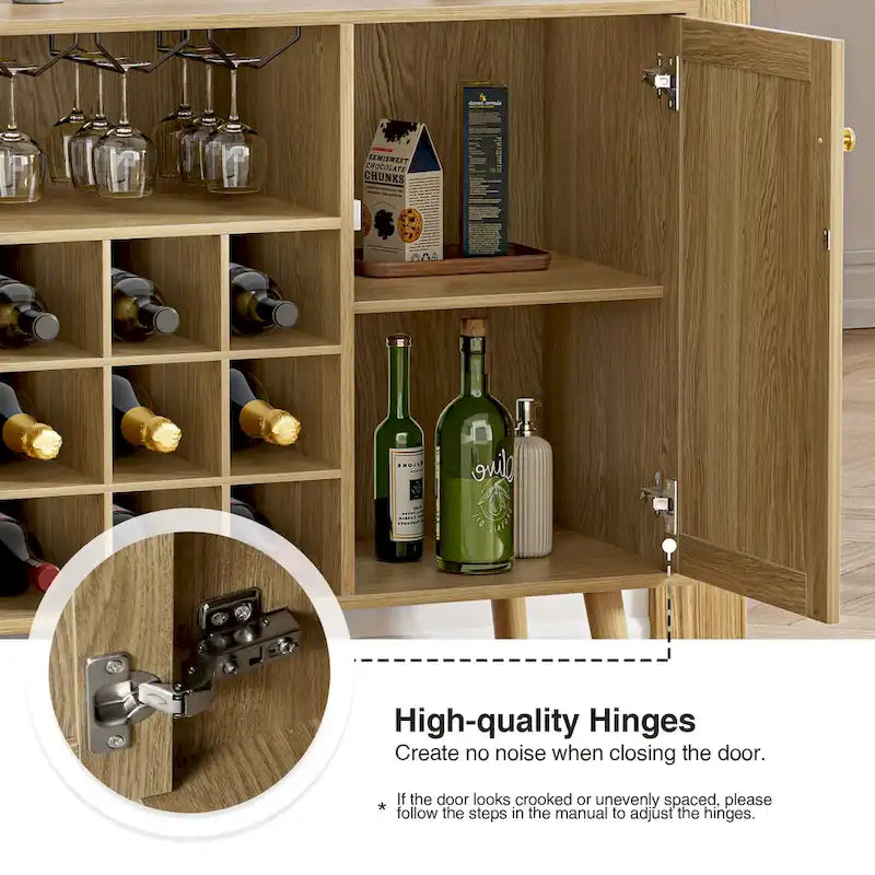 Farmhouse 2-Door Kitchen Buffet in Wood & Rattan, Sideboard with Built-in Wine Rack & Glass Holder