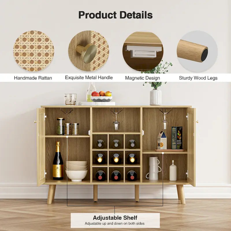 Farmhouse 2-Door Kitchen Buffet in Wood & Rattan, Sideboard with Built-in Wine Rack & Glass Holder