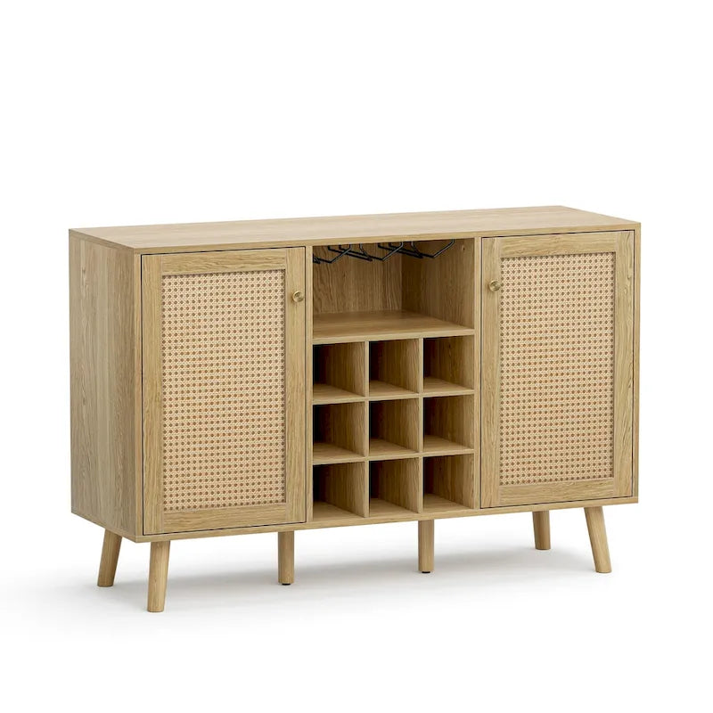 Farmhouse 2-Door Kitchen Buffet in Wood & Rattan, Sideboard with Built-in Wine Rack & Glass Holder