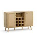 Farmhouse 2-Door Kitchen Buffet in Wood & Rattan, Sideboard with Built-in Wine Rack & Glass Holder