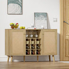 Farmhouse 2-Door Kitchen Buffet in Wood & Rattan, Sideboard with Built-in Wine Rack & Glass Holder