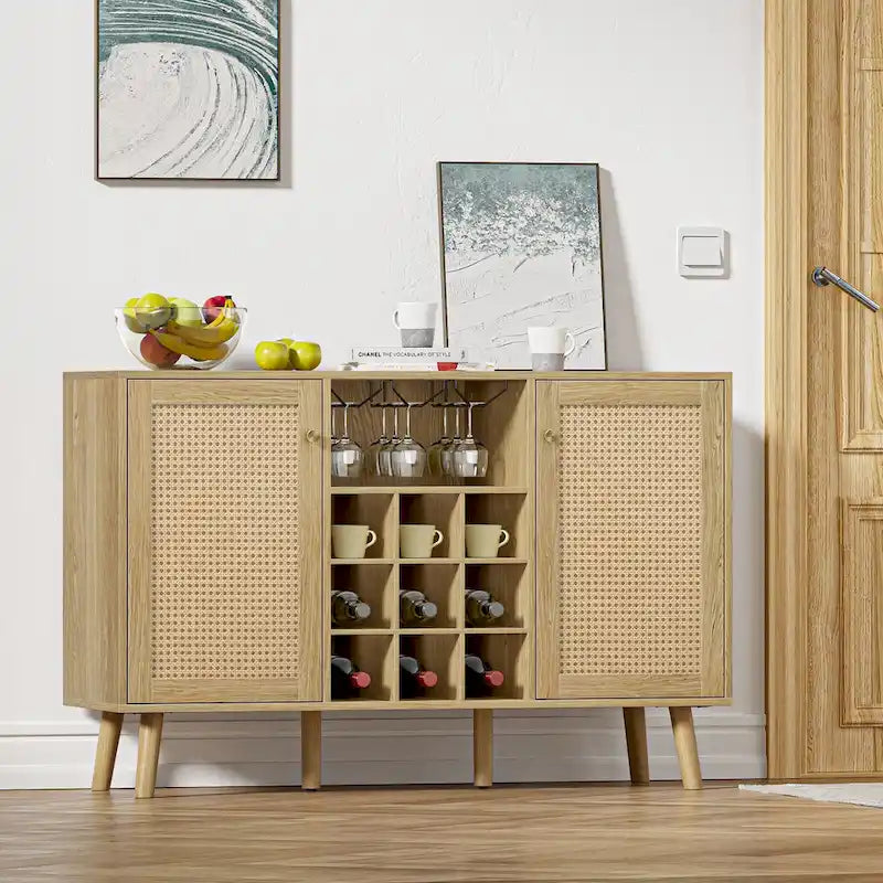 Farmhouse 2-Door Kitchen Buffet in Wood & Rattan, Sideboard with Built-in Wine Rack & Glass Holder