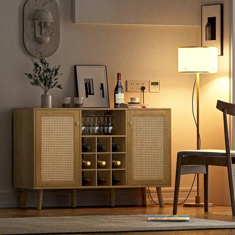 Farmhouse 2-Door Kitchen Buffet in Wood & Rattan, Sideboard with Built-in Wine Rack & Glass Holder