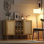 Farmhouse 2-Door Kitchen Buffet in Wood & Rattan, Sideboard with Built-in Wine Rack & Glass Holder