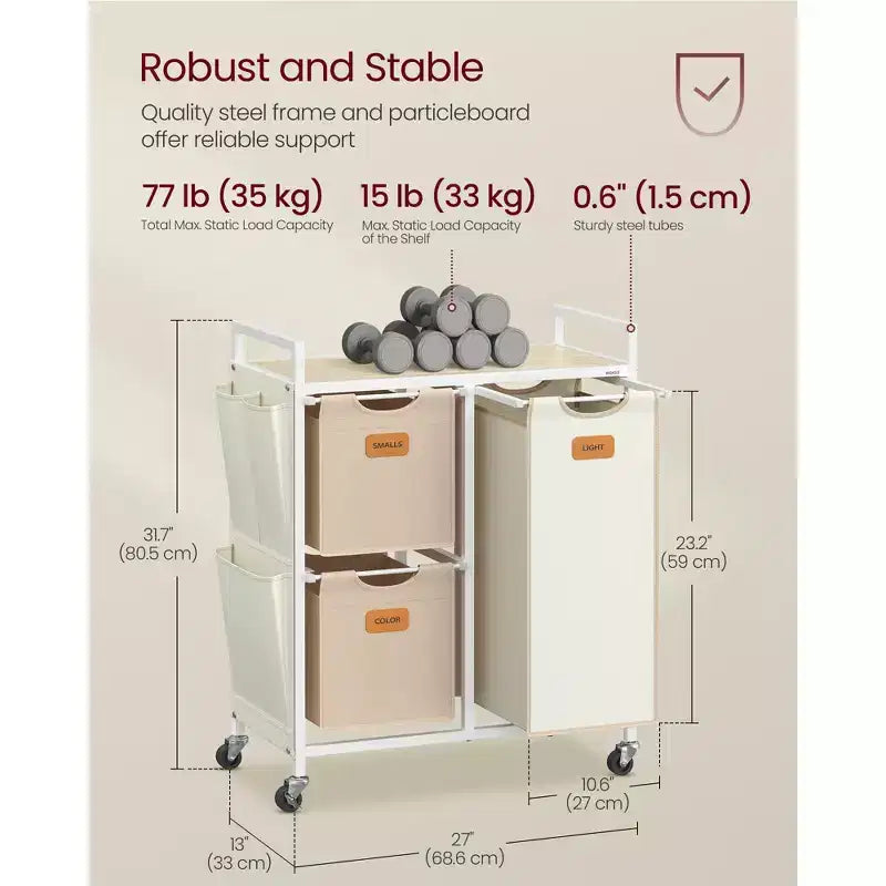 VASAGLE Laundry Hamper with 3 Compartments, 26.4 Gal. (100 L) Laundry Sorter, Rolling Laundry Cart with Shelves, Small Side Pockets