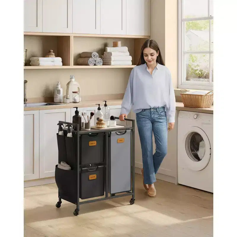 VASAGLE Laundry Hamper with 3 Compartments, 26.4 Gal. (100 L) Laundry Sorter, Rolling Laundry Cart with Shelves, Small Side Pockets