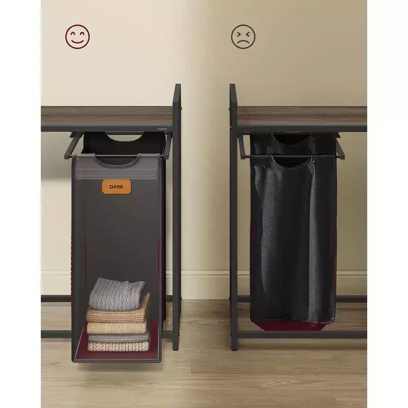VASAGLE Laundry Hamper with 2 Compartments, 26.4 Gal. (100 L) Laundry Sorter, Rolling Laundry Cart with Shelves, Ink Black and Dove Gray