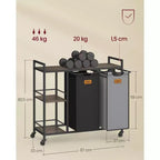 VASAGLE Laundry Hamper with 2 Compartments, 26.4 Gal. (100 L) Laundry Sorter, Rolling Laundry Cart with Shelves, Ink Black and Dove Gray