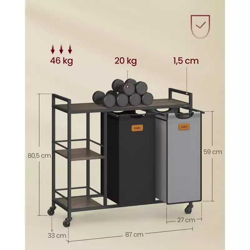 VASAGLE Laundry Hamper with 2 Compartments, 26.4 Gal. (100 L) Laundry Sorter, Rolling Laundry Cart with Shelves, Ink Black and Dove Gray