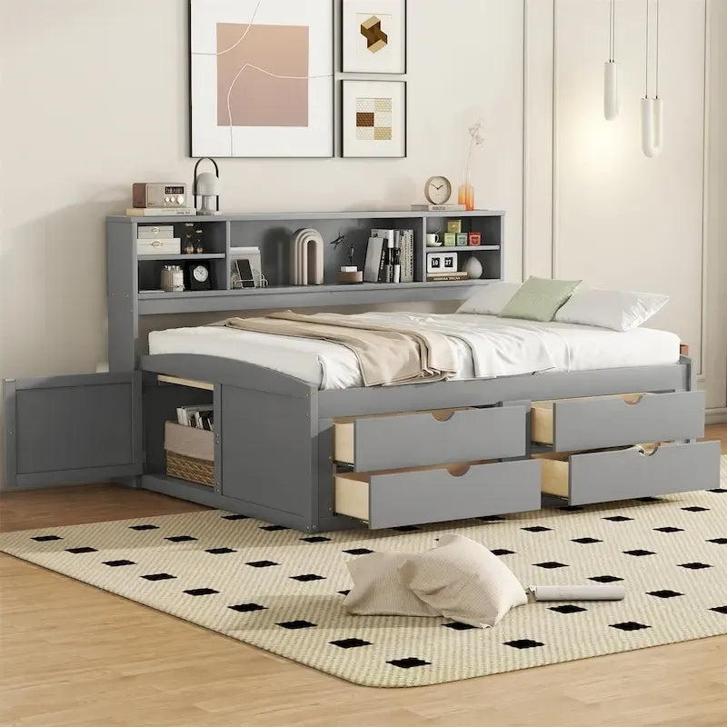 Divano letto singolo Merax in legno con armadietti, ripiani e 4 cassetti