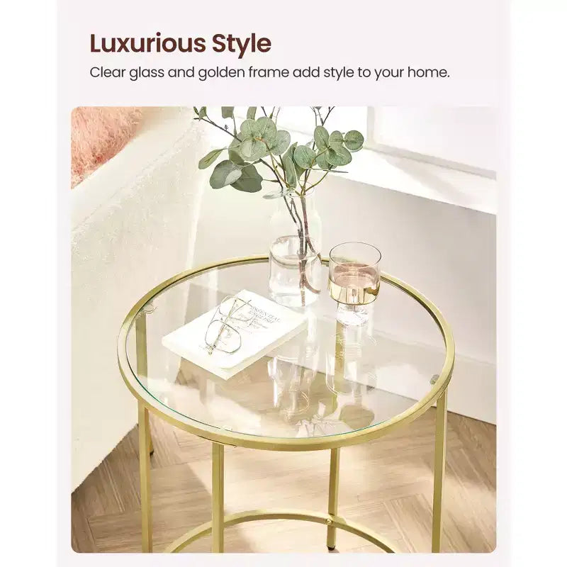 VASAGLE Round Side Tables, Set of 2, Glass End Tables with Metal Frame, Black Coffee Tables with Modern Style