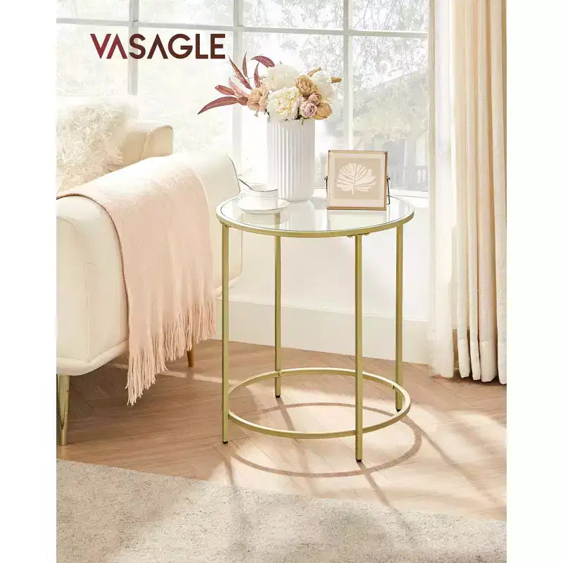 VASAGLE Round Side Tables, Set of 2, Glass End Tables with Metal Frame, Black Coffee Tables with Modern Style