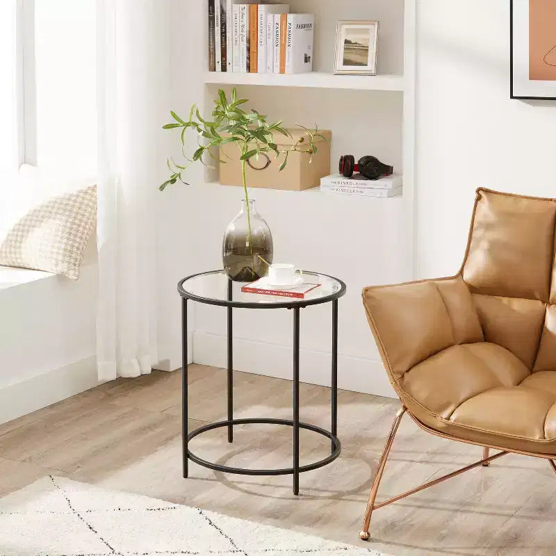 VASAGLE Round Side Tables, Set of 2, Glass End Tables with Metal Frame, Black Coffee Tables with Modern Style