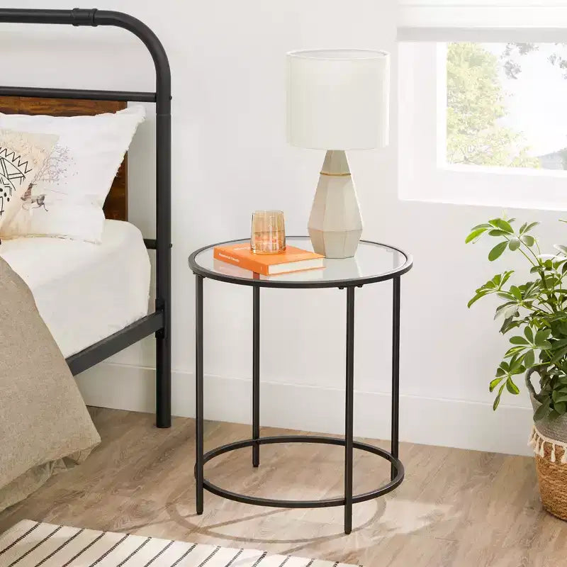 VASAGLE Round Side Tables, Set of 2, Glass End Tables with Metal Frame, Black Coffee Tables with Modern Style