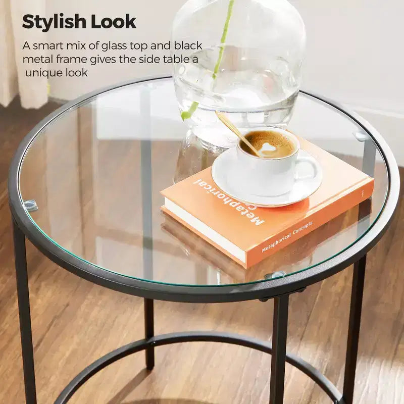 VASAGLE Round Side Tables, Set of 2, Glass End Tables with Metal Frame, Black Coffee Tables with Modern Style