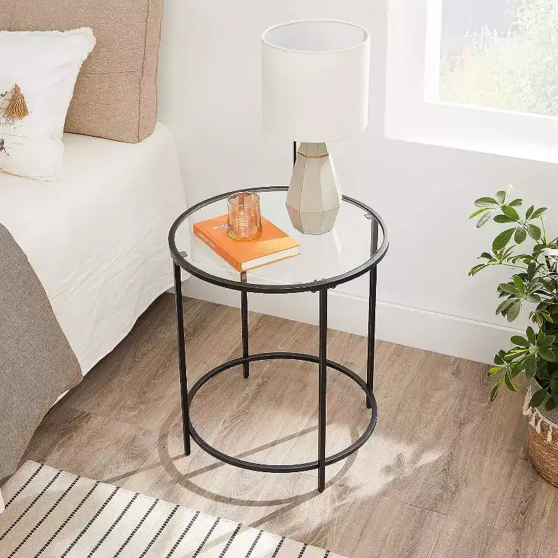 VASAGLE Round Side Tables, Set of 2, Glass End Tables with Metal Frame, Black Coffee Tables with Modern Style