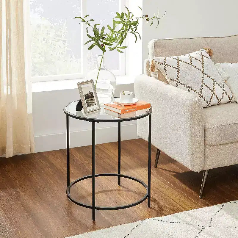 VASAGLE Round Side Tables, Set of 2, Glass End Tables with Metal Frame, Black Coffee Tables with Modern Style