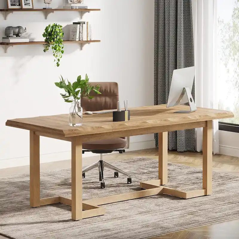 Scrivania rettangolare marrone con gambe in legno massello - 158 cm