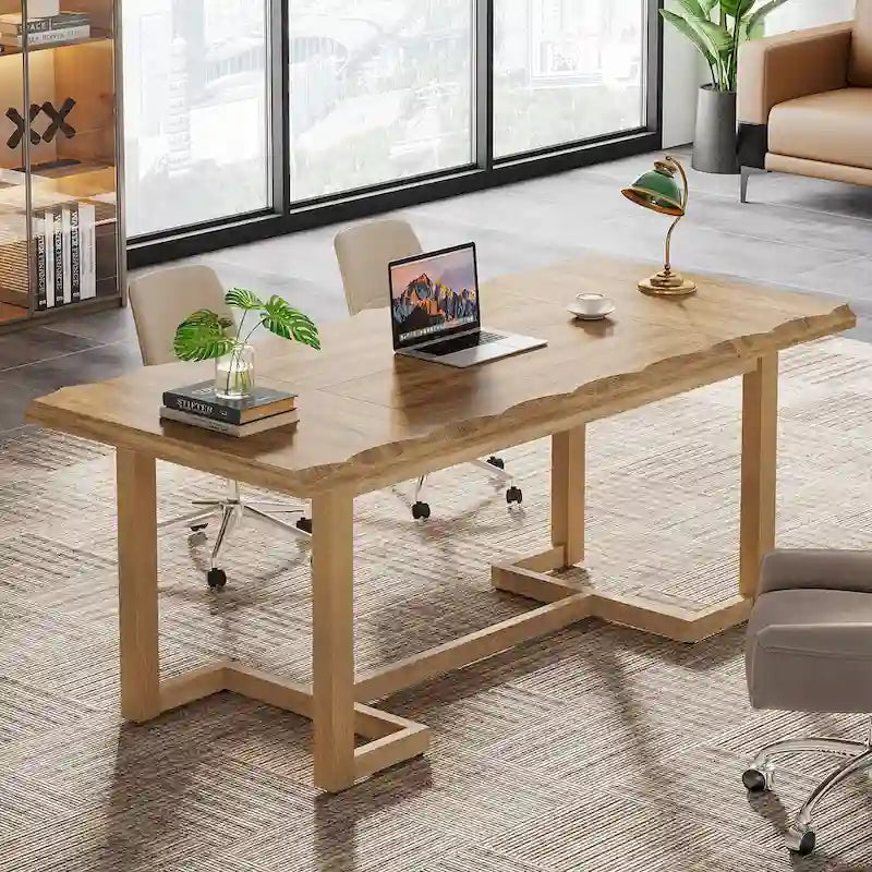 Brown Rectangular Desk with Solid Wood Legs - 62.2 inch