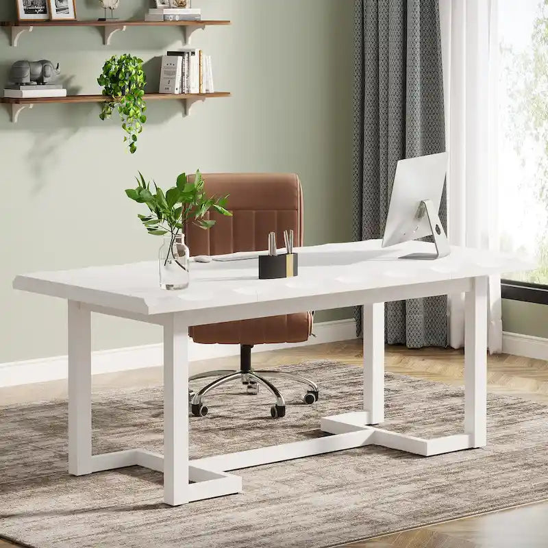 Scrivania rettangolare marrone con gambe in legno massello - 158 cm