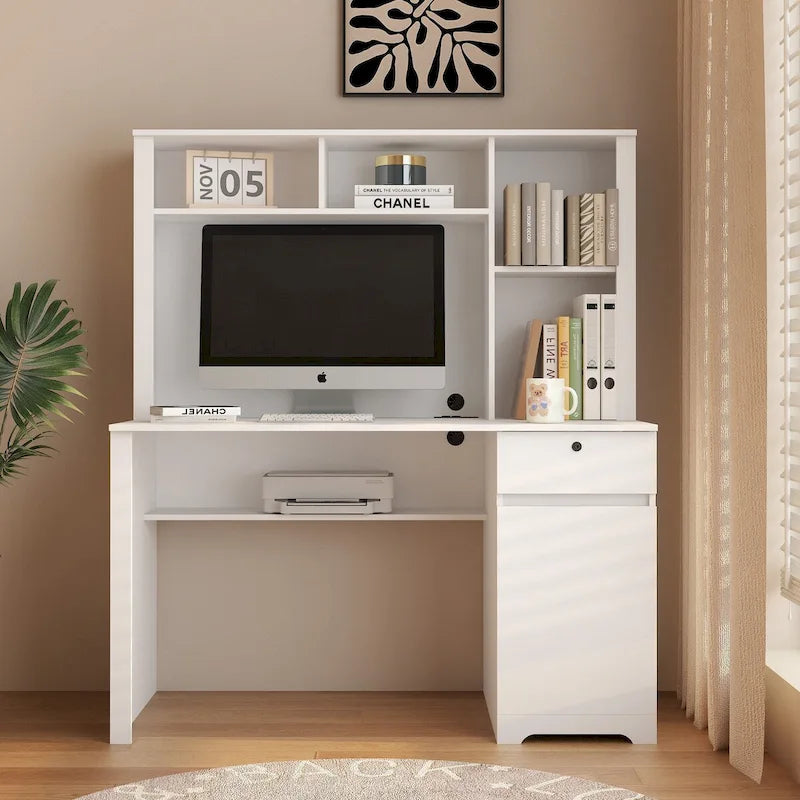 Scrivania per computer con libreria, Scrivania in legno per ragazzi, Scrivania per laptop per ufficio domestico con cassetti, 3 prese AC e 2 porte di ricarica USB