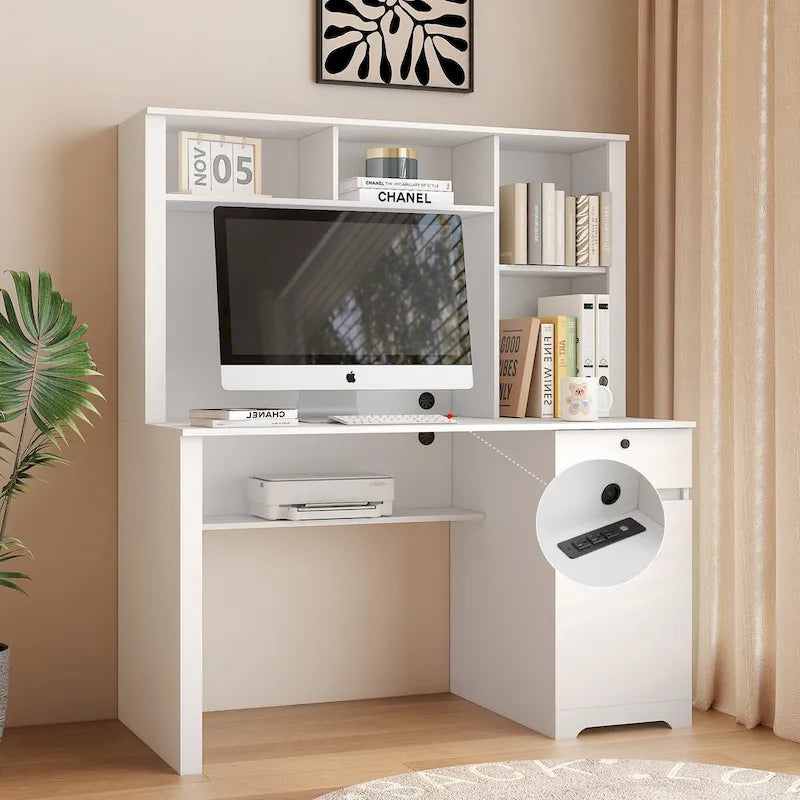Scrivania per computer con libreria, Scrivania in legno per ragazzi, Scrivania per laptop per ufficio domestico con cassetti, 3 prese AC e 2 porte di ricarica USB