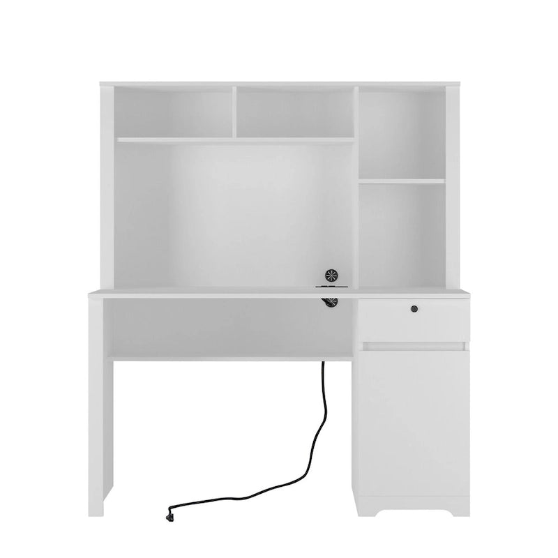 Scrivania per computer con libreria, Scrivania in legno per ragazzi, Scrivania per laptop per ufficio domestico con cassetti, 3 prese AC e 2 porte di ricarica USB