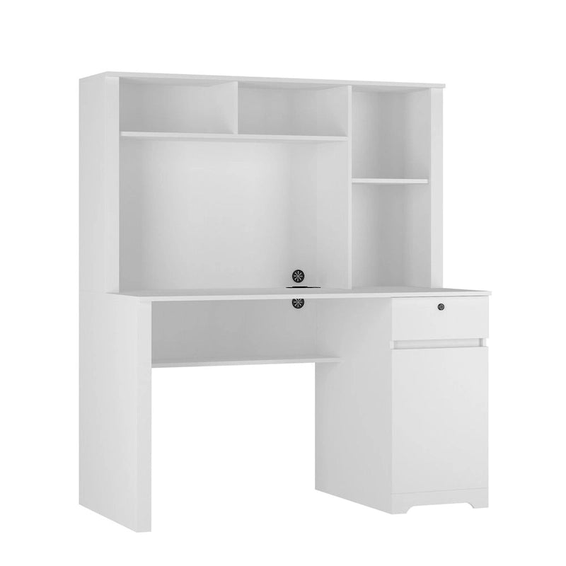Scrivania per computer con libreria, Scrivania in legno per ragazzi, Scrivania per laptop per ufficio domestico con cassetti, 3 prese AC e 2 porte di ricarica USB
