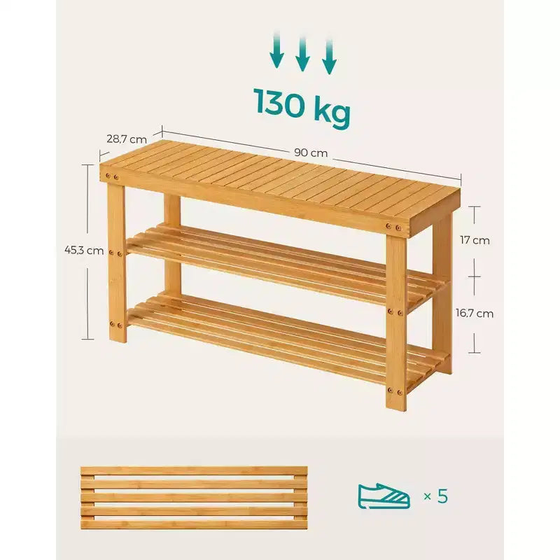SONGMICS Shoe Rack Bench, 3-Tier Bamboo Shoe Storage Organizer, Entryway Bench, Holds Up to 286 lb, 11.3 x 35.4 x 17.8 Inches