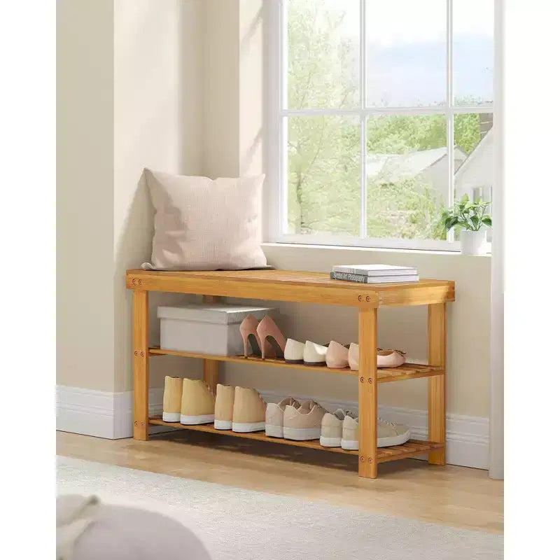 SONGMICS Shoe Rack Bench, 3-Tier Bamboo Shoe Storage Organizer, Entryway Bench, Holds Up to 286 lb, 11.3 x 35.4 x 17.8 Inches